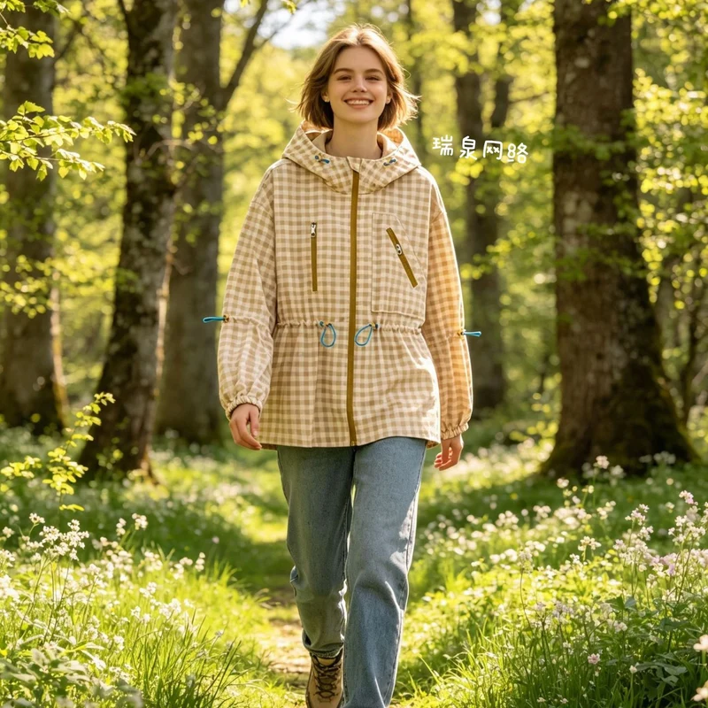 Damen Leichter Vichy‑Karo‑Parka mit Kapuze, Tunnelzugtaillierung und Reißverschlusstaschen Drune