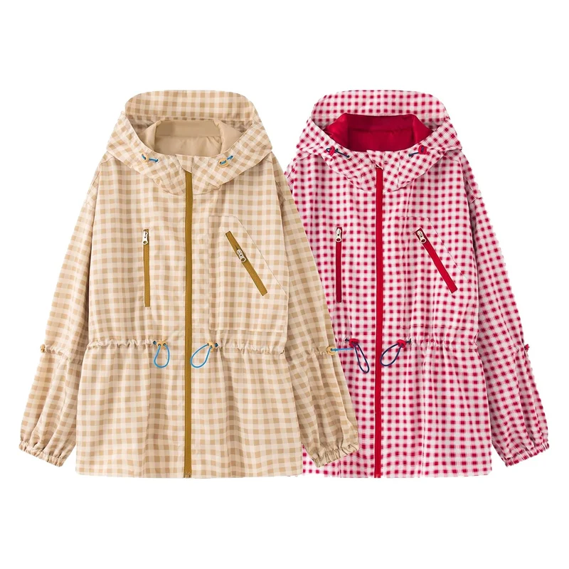 Damen Leichter Vichy‑Karo‑Parka mit Kapuze, Tunnelzugtaillierung und Reißverschlusstaschen Drune