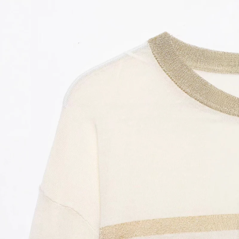 Damen Leichter gestreifter Feinstrickpullover mit metallischem Lurex‑Streifen und Rundhals Drune