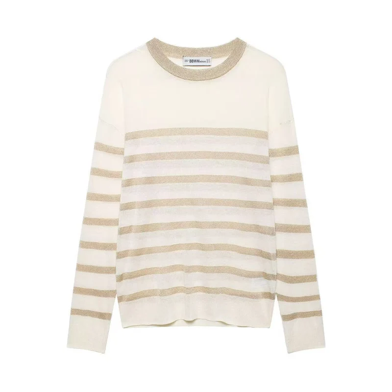 Damen Leichter gestreifter Feinstrickpullover mit metallischem Lurex‑Streifen und Rundhals Drune