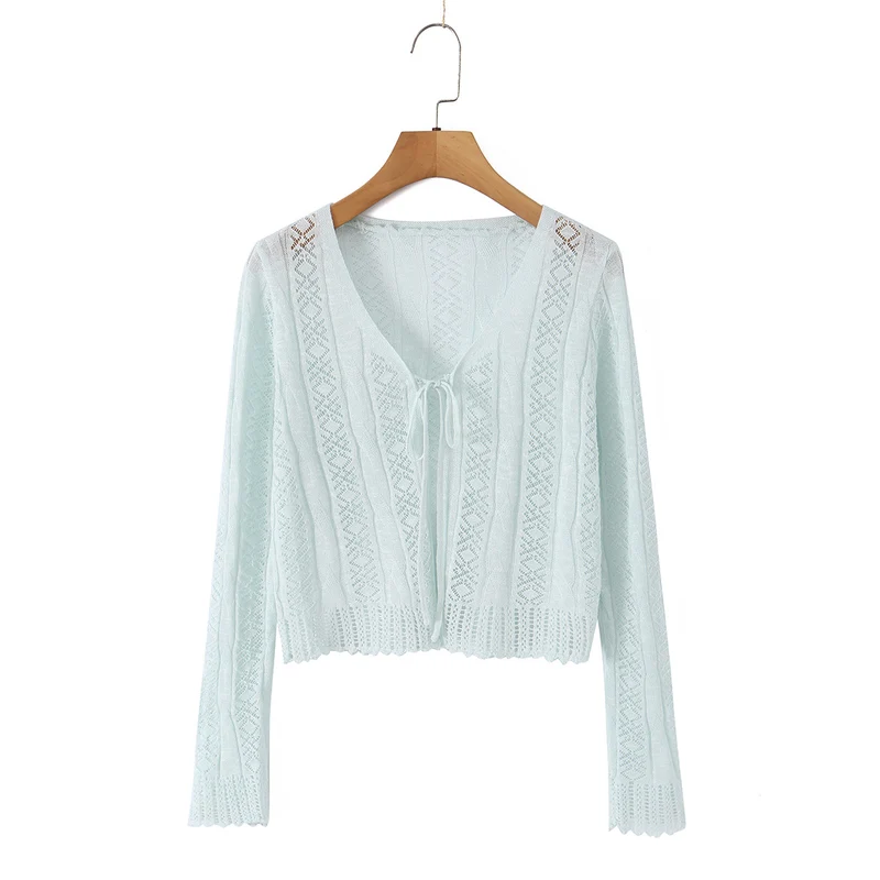 Damen Leichter gehäkelter Kurzcardigan mit V‑Ausschnitt, Bindeband und Ajourmuster Drune