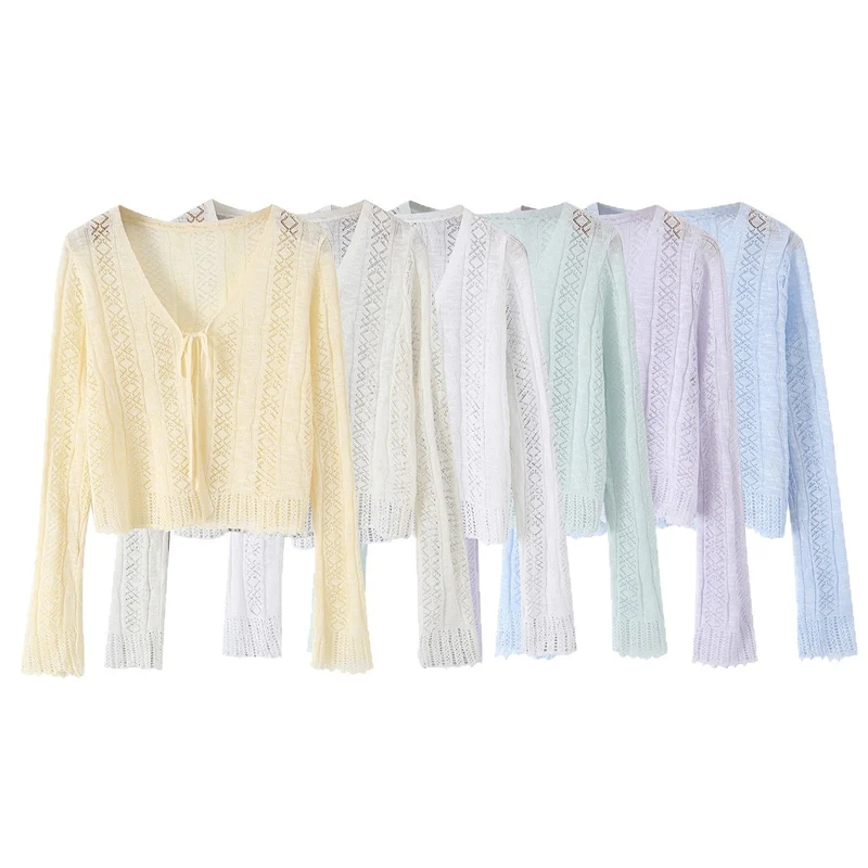 Damen Leichter gehäkelter Kurzcardigan mit V‑Ausschnitt, Bindeband und Ajourmuster Drune