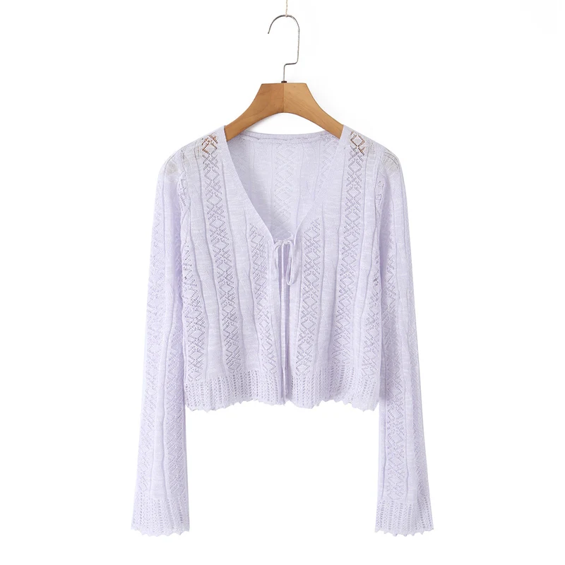 Damen Leichter gehäkelter Kurzcardigan mit V‑Ausschnitt, Bindeband und Ajourmuster Drune