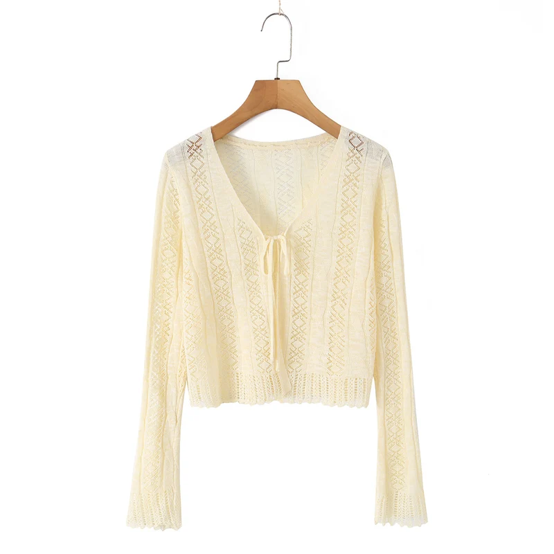 Damen Leichter gehäkelter Kurzcardigan mit V‑Ausschnitt, Bindeband und Ajourmuster Drune