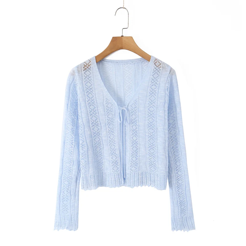 Damen Leichter gehäkelter Kurzcardigan mit V‑Ausschnitt, Bindeband und Ajourmuster Drune
