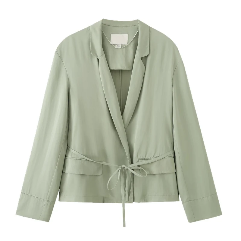 Damen Leichter Cropped Blazer mit Bindegürtel und Schalkragen Drune