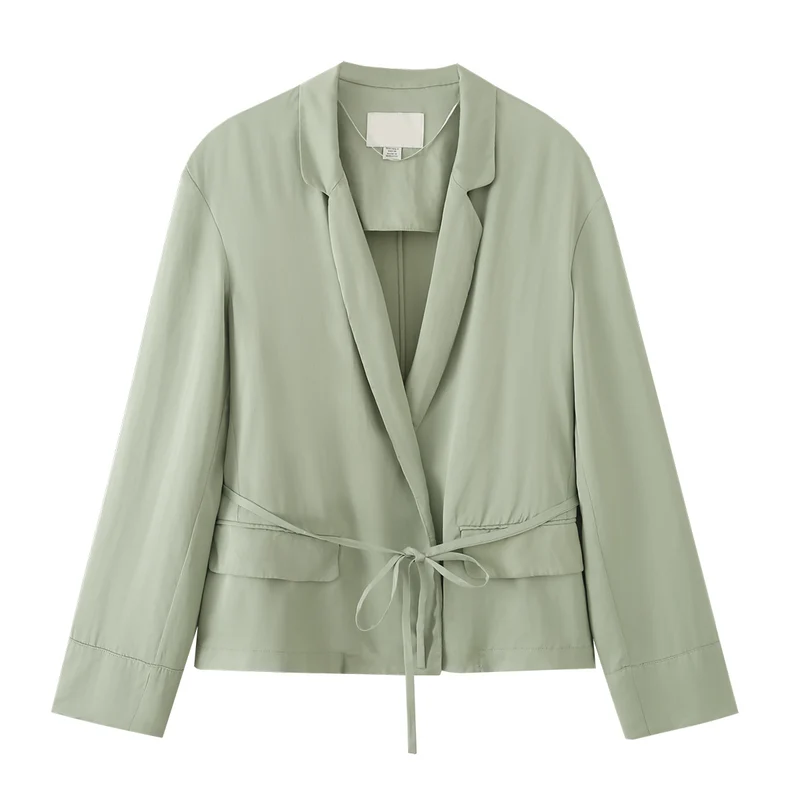 Damen Leichter Cropped Blazer mit Bindegürtel und Schalkragen Drune