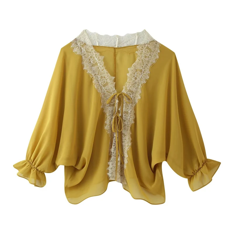 Damen Leichter Chiffon-Kimono mit Spitzenbesatz und Bindeband Drune