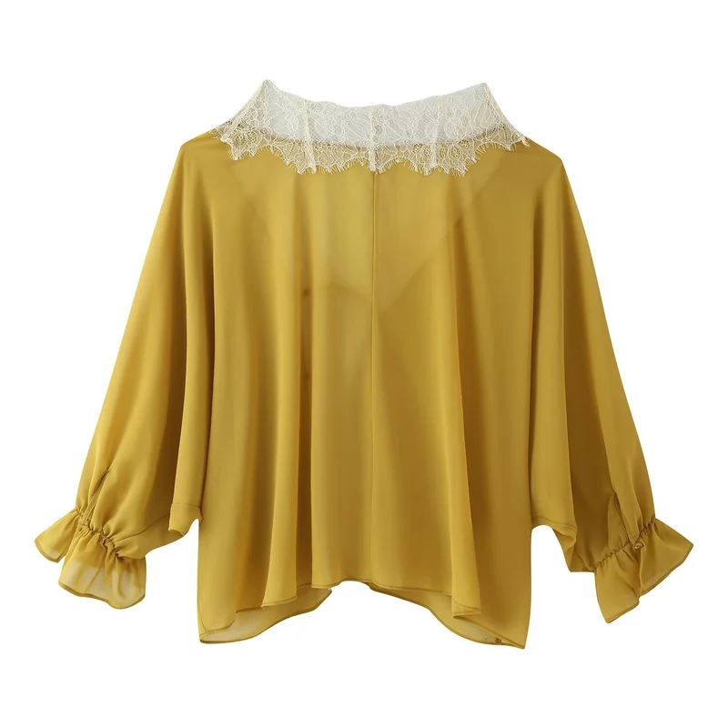 Damen Leichter Chiffon-Kimono mit Spitzenbesatz und Bindeband Drune