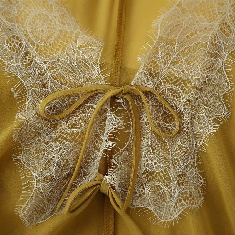 Damen Leichter Chiffon-Kimono mit Spitzenbesatz und Bindeband Drune