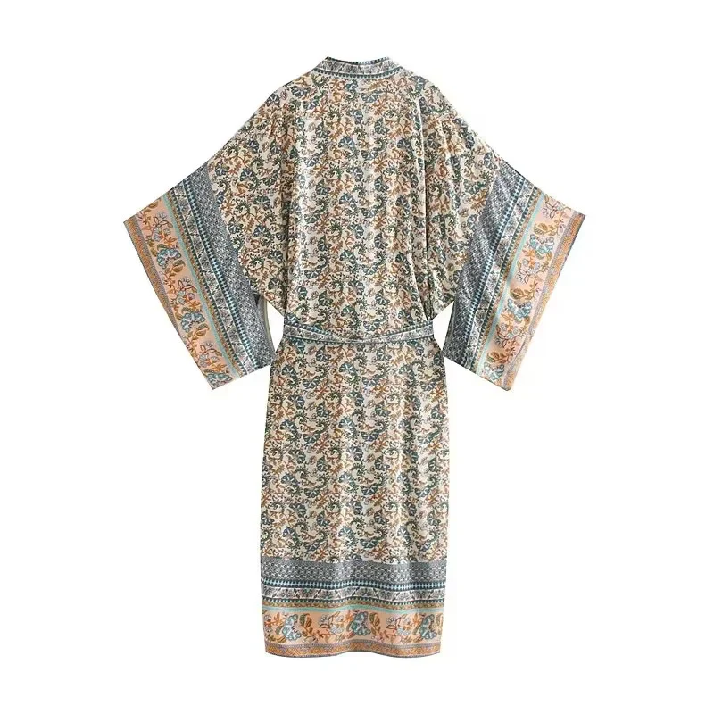 Damen Leichter Boho-Kimono-Bademantel mit Gürtel und floralem Allover-Print Drune