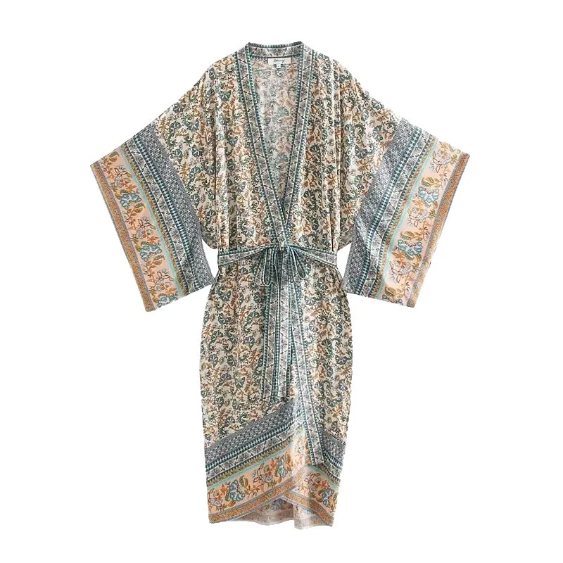 Damen Leichter Boho-Kimono-Bademantel mit Gürtel und floralem Allover-Print Drune