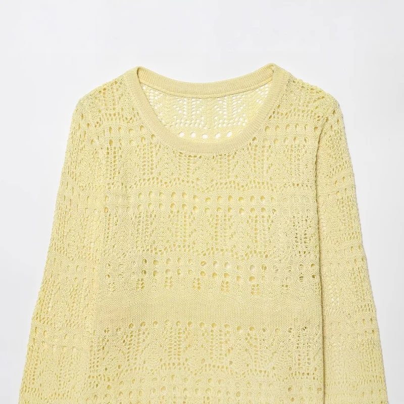 Damen Leichter Ajourstrick-Pullover mit Rundhalsausschnitt und Boxy-Cropped-Schnitt Drune