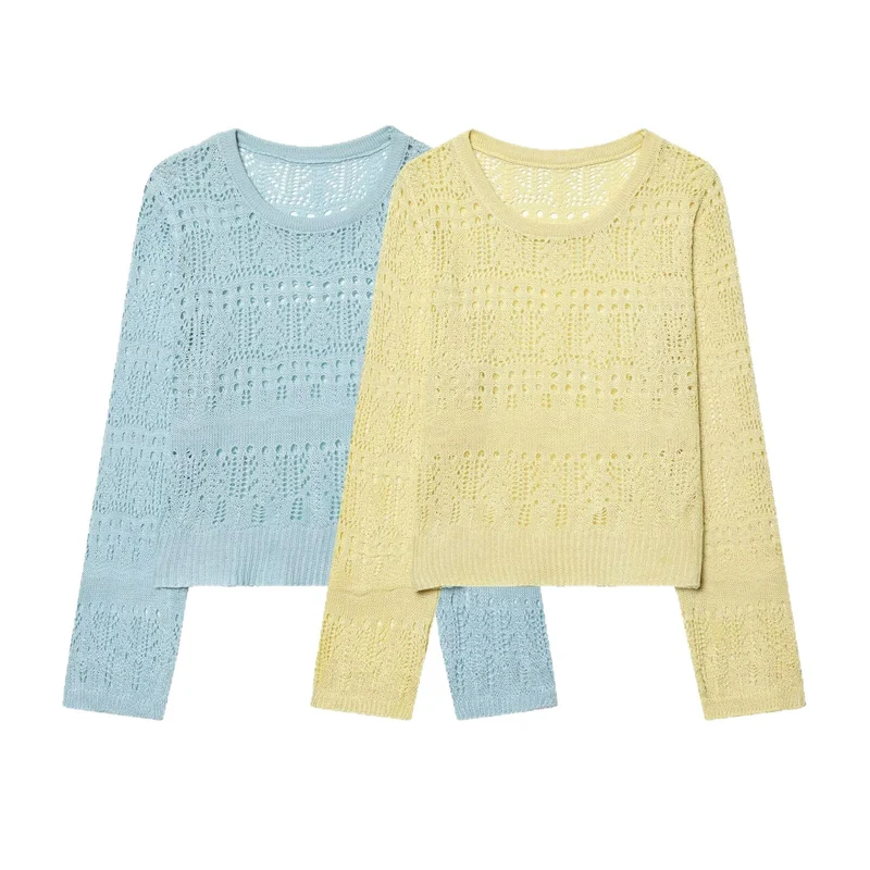 Damen Leichter Ajourstrick-Pullover mit Rundhalsausschnitt und Boxy-Cropped-Schnitt Drune