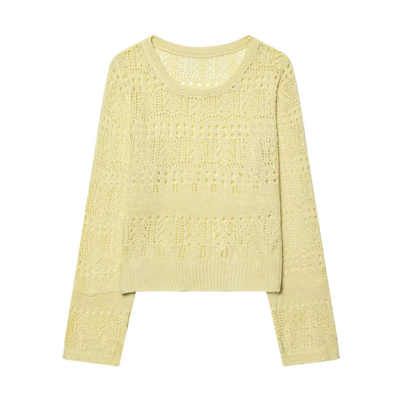 Damen Leichter Ajourstrick-Pullover mit Rundhalsausschnitt und Boxy-Cropped-Schnitt Drune