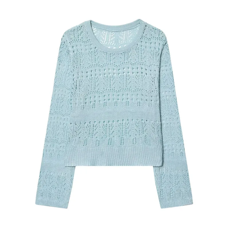 Damen Leichter Ajourstrick-Pullover mit Rundhalsausschnitt und Boxy-Cropped-Schnitt Drune