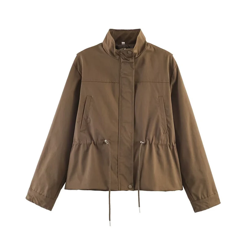 Damen Leichte Windbreaker-Übergangsjacke mit Tunnelzugtaillierung und Stehkragen Drune