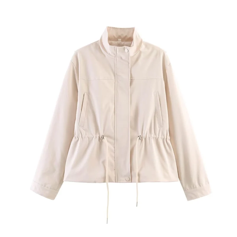 Damen Leichte Windbreaker-Übergangsjacke mit Tunnelzugtaillierung und Stehkragen Drune