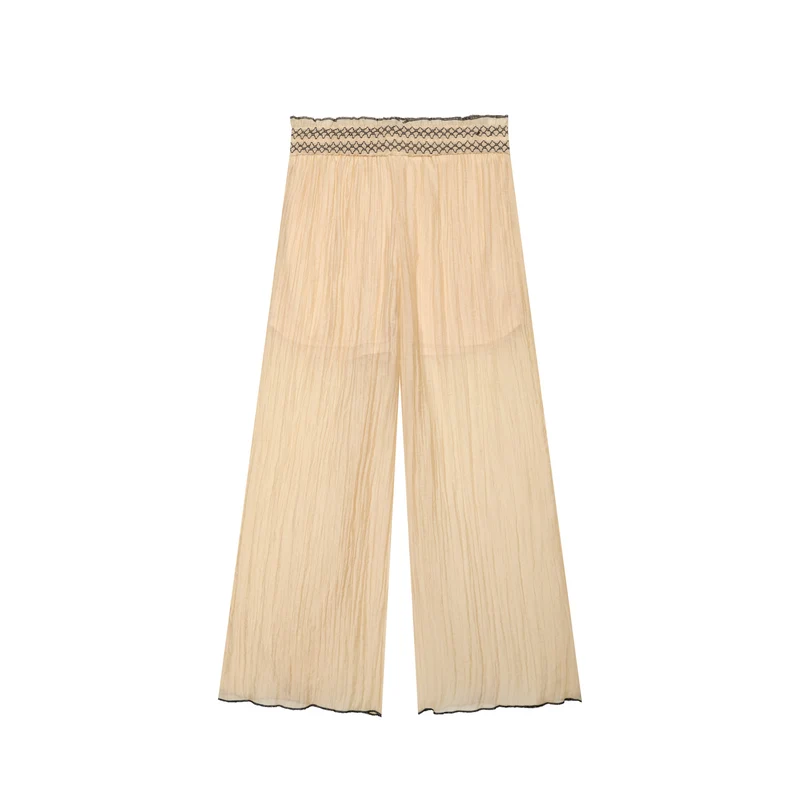 Damen Leichte plissierte Palazzo‑Hose mit Smokbund und weitem Bein Drune