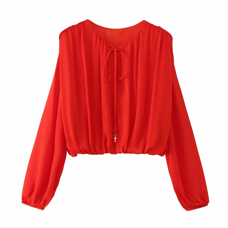 Damen Leichte Plissée-Cropped-Bluse mit Tunnelzugkragen und Ballonärmeln Drune