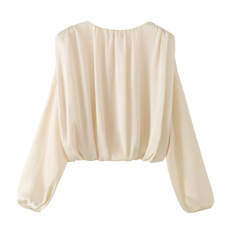Damen Leichte Plissée-Cropped-Bluse mit Tunnelzugkragen und Ballonärmeln Drune
