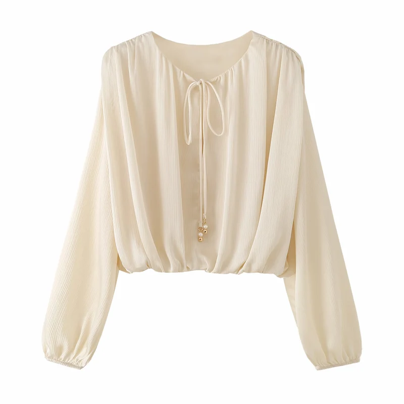 Damen Leichte Plissée-Cropped-Bluse mit Tunnelzugkragen und Ballonärmeln Drune