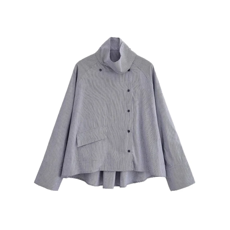 Damen leichte Oversize-Hemdjacke mit hohem Funnelkragen und asymmetrischer Knopfleiste Drune