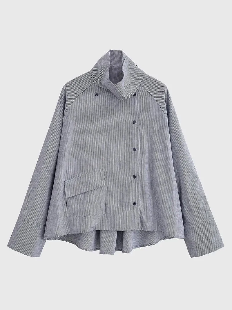 Damen leichte Oversize-Hemdjacke mit hohem Funnelkragen und asymmetrischer Knopfleiste Drune