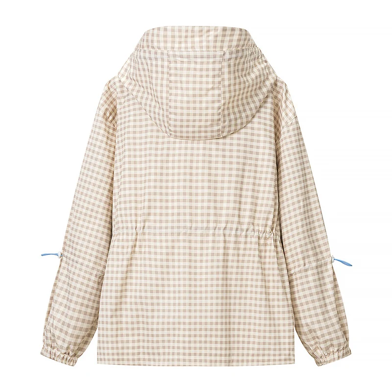 Damen Leichte Kapuzen-Outdoorjacke im Vichy-Karo mit Tunnelzugtaillierung Drune