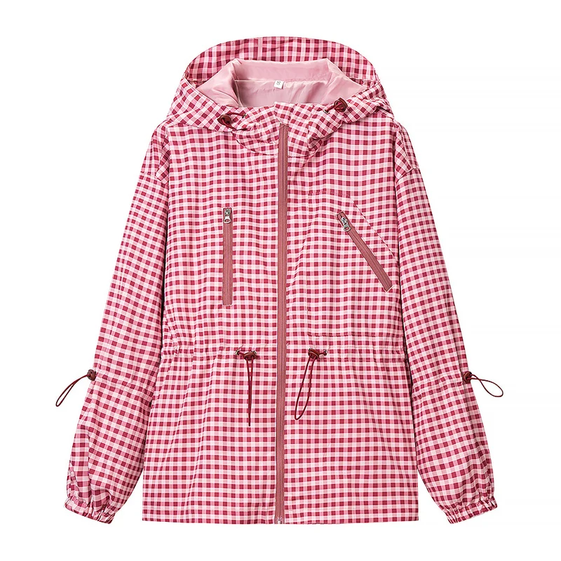 Damen Leichte Kapuzen-Outdoorjacke im Vichy-Karo mit Tunnelzugtaillierung Drune