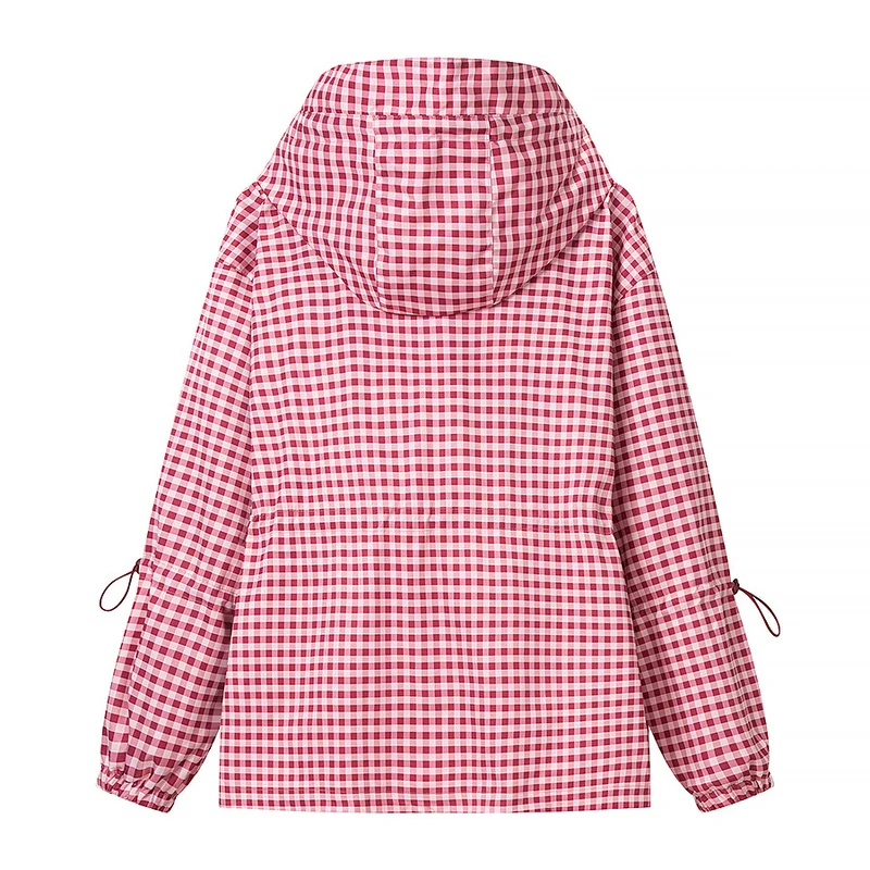 Damen Leichte Kapuzen-Outdoorjacke im Vichy-Karo mit Tunnelzugtaillierung Drune