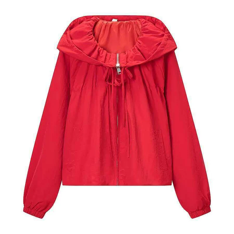 Damen Leichte Kapuzen-Boxy-Übergangsjacke mit Tunnelzug und elastischen Bündchen Drune