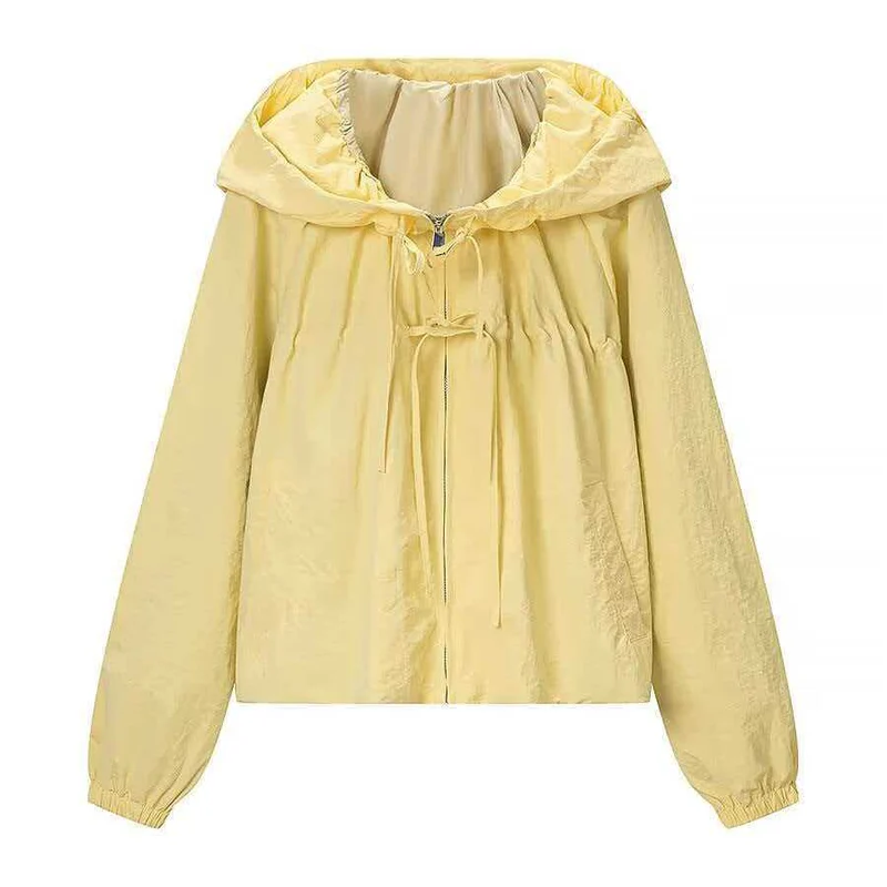 Damen Leichte Kapuzen-Boxy-Übergangsjacke mit Tunnelzug und elastischen Bündchen Drune
