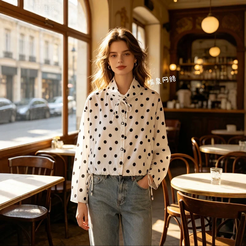 Damen Leichte Hemdbluse mit Polka‑Dot, femininem Puffärmel und durchgehender Knopfleiste Drune