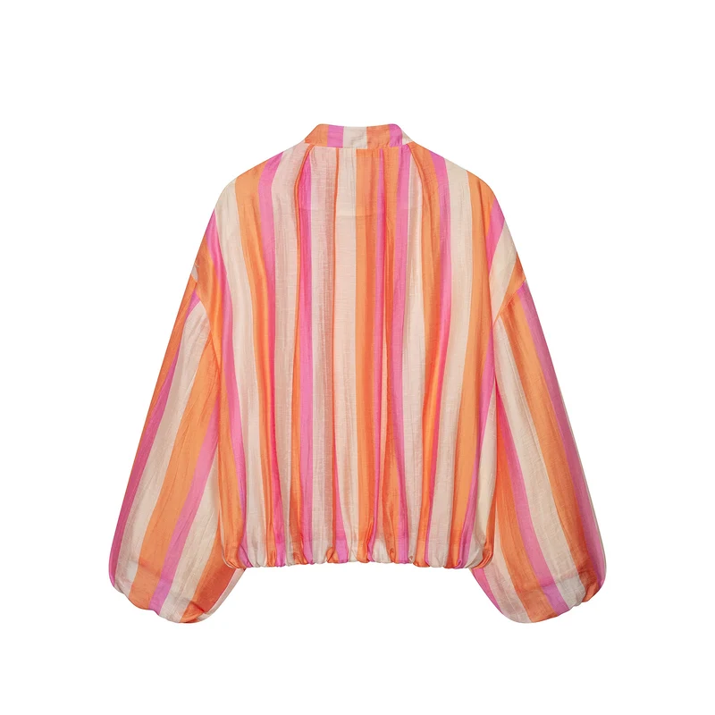 Damen Leichte gestreifte Cropped-Bomberjacke aus transparentem Crêpe mit Ballonärmeln Drune