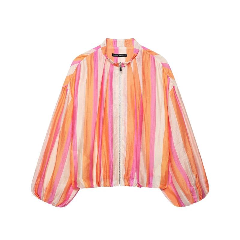 Damen Leichte gestreifte Cropped-Bomberjacke aus transparentem Crêpe mit Ballonärmeln Drune
