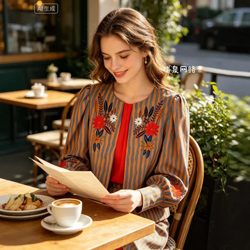 Damen Leichte gestreifte Blusenjacke mit floraler Stickerei und Manschetten Drune