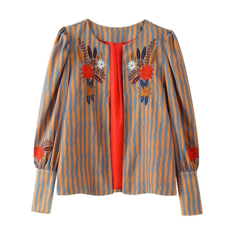 Damen Leichte gestreifte Blusenjacke mit floraler Stickerei und Manschetten Drune