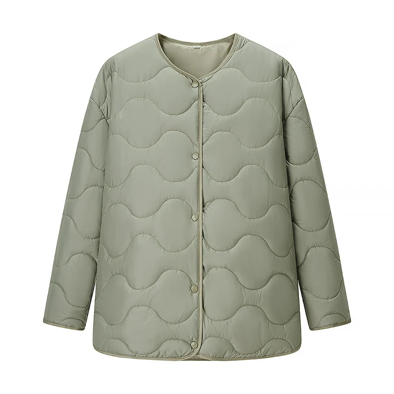 Damen Leichte gesteppte Jacke mit Rundhalsausschnitt, Steppwellen und Druckknöpfen Drune