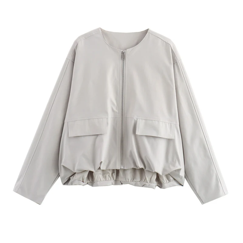 Damen Leichte Cropped-Workerjacke ohne Kragen mit Frontreißverschluss und Pattentaschen Drune