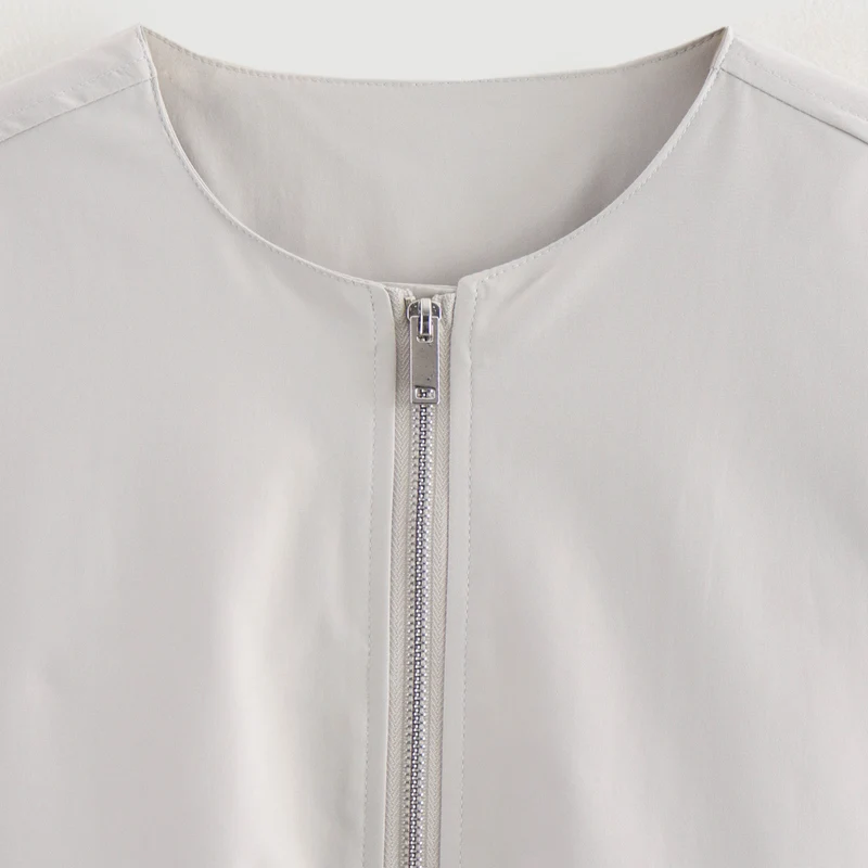 Damen Leichte Cropped-Workerjacke ohne Kragen mit Frontreißverschluss und Pattentaschen Drune