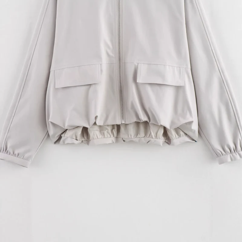 Damen Leichte Cropped-Workerjacke ohne Kragen mit Frontreißverschluss und Pattentaschen Drune