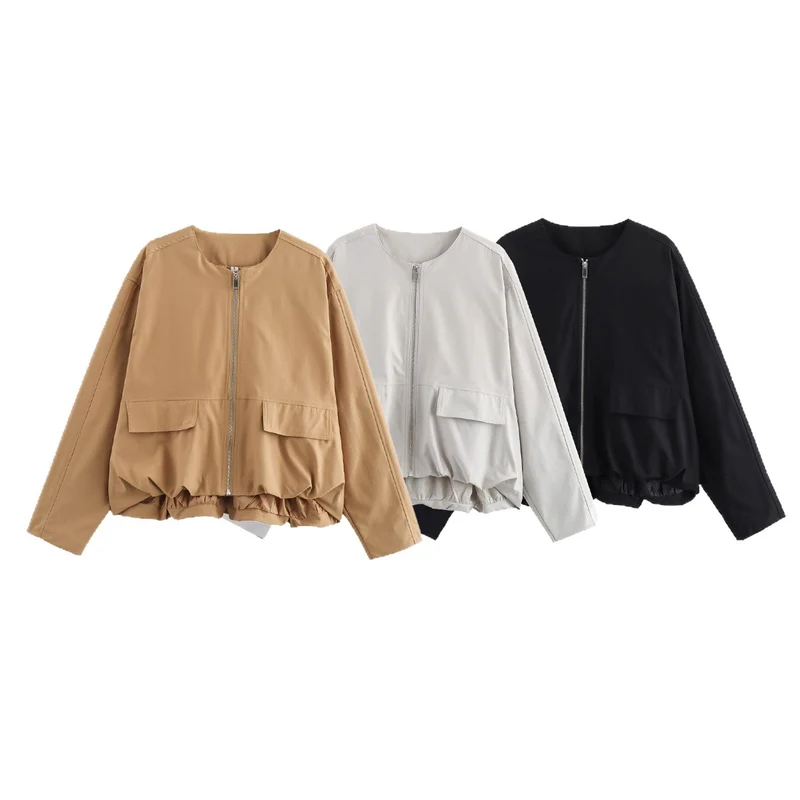 Damen Leichte Cropped-Workerjacke ohne Kragen mit Frontreißverschluss und Pattentaschen Drune