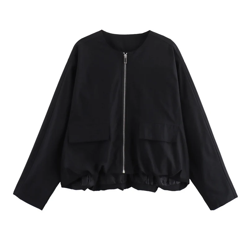 Damen Leichte Cropped-Workerjacke ohne Kragen mit Frontreißverschluss und Pattentaschen Drune