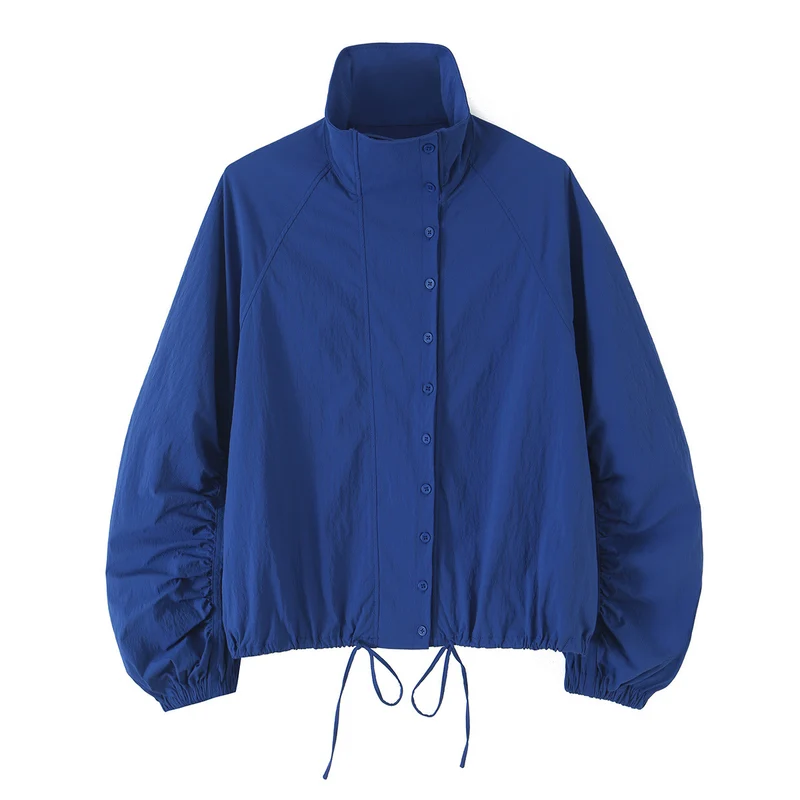 Damen Leichte Cropped-Übergangsjacke mit Stehkragen, weiten Raglanärmeln und Tunnelzug Drune