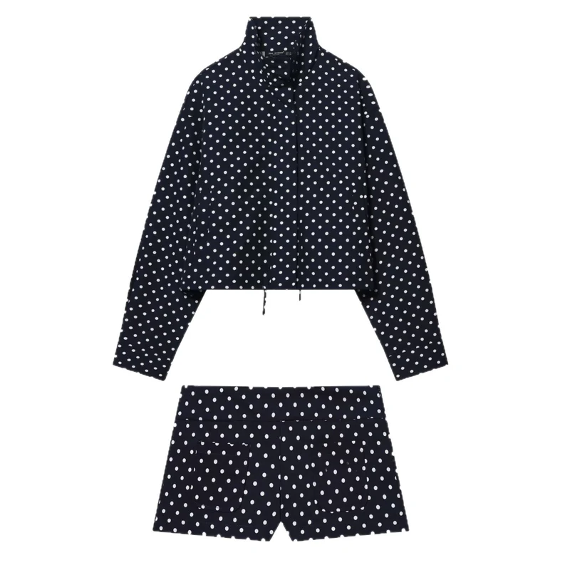 Damen Leichte Cropped-Übergangsjacke mit Stehkragen, Pünktchenprint und Tunnelzug Drune