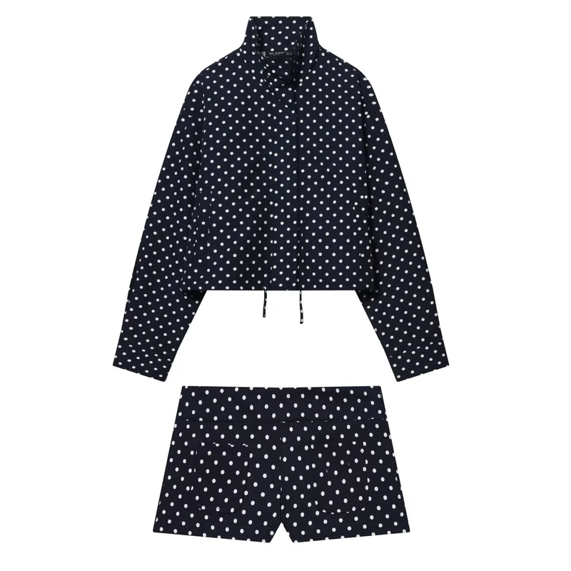 Damen Leichte Cropped-Übergangsjacke mit Stehkragen, Pünktchenprint und Tunnelzug Drune