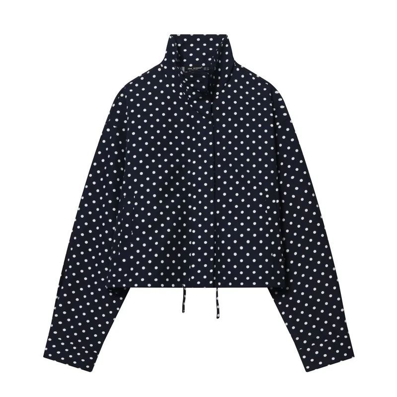 Damen Leichte Cropped-Übergangsjacke mit Stehkragen, Pünktchenprint und Tunnelzug Drune