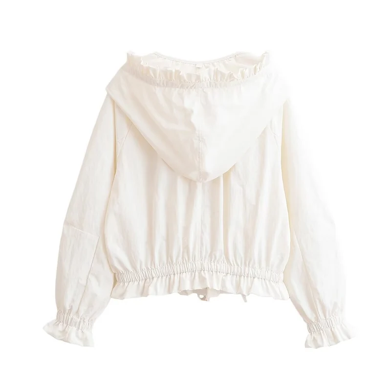 Damen Leichte Cropped-Übergangsjacke mit Rüschenkragen, Tunnelzug und Gummizugbündchen Drune