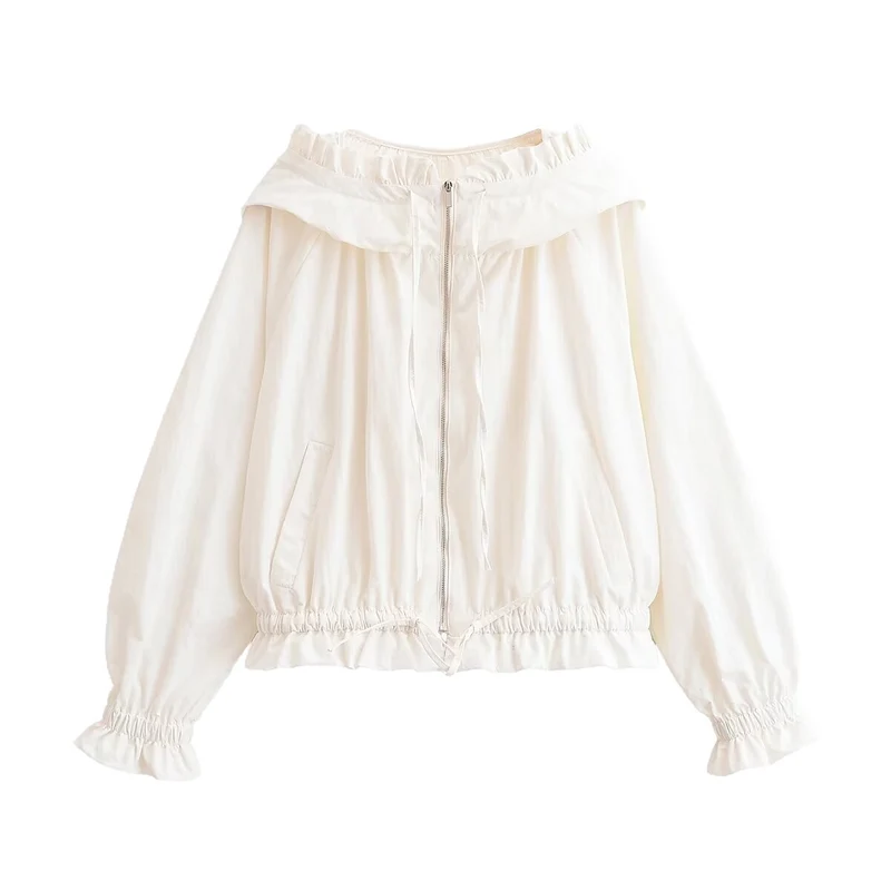 Damen Leichte Cropped-Übergangsjacke mit Rüschenkragen, Tunnelzug und Gummizugbündchen Drune